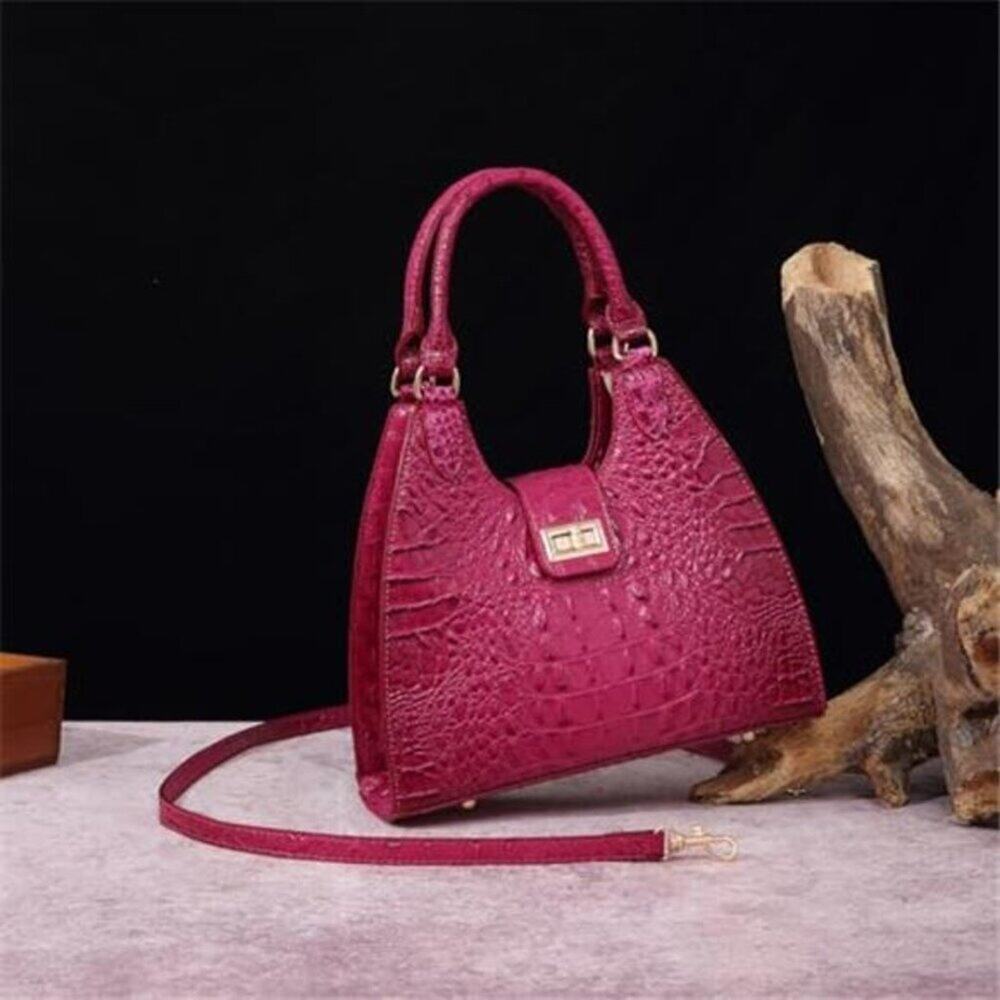 Ladies Tote Dark Pink Vegan Leather Bags Crocodile Embossed Zipper Satchel